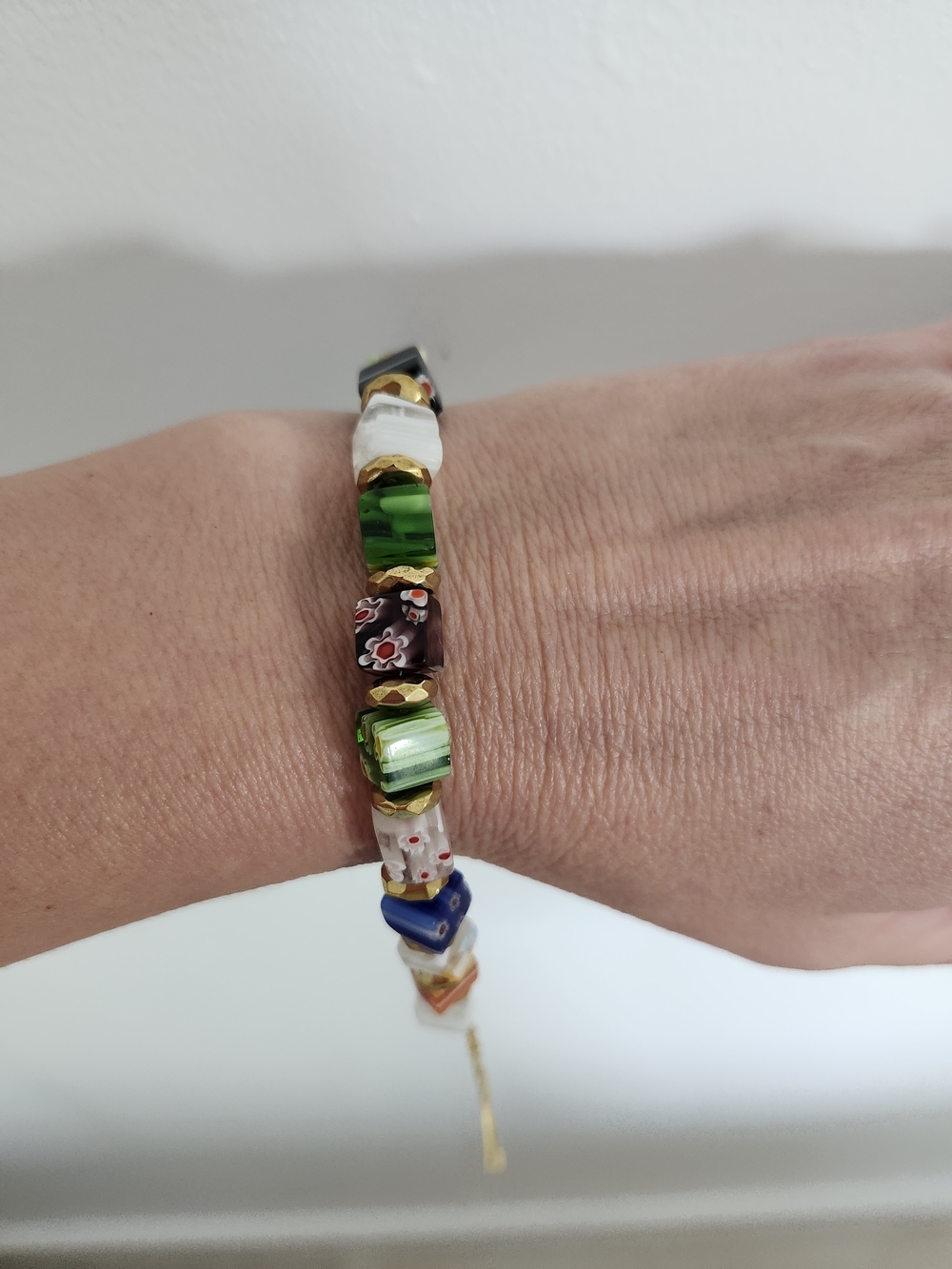 Multicolor Glass Bead Bracelet with Gold Accents